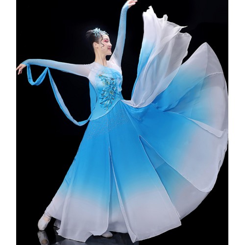 Blue white gradient colored chinese folk Classical dance costume for women waterfall sleeves fairy hanfu fan dance umbrella dance dresses for female